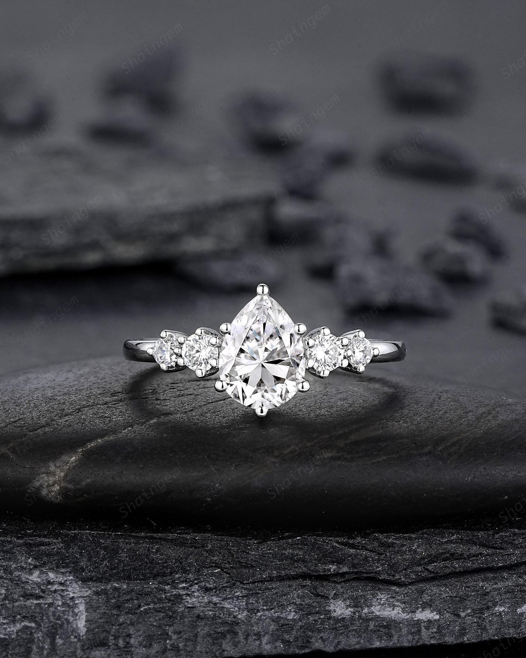 Platinum Pear Shape Moissanite Engagement Ring Unique White Gold Five Stones Wedding Set Nature Inspired Leaf Promise Ring for Women her - ShainJewelry