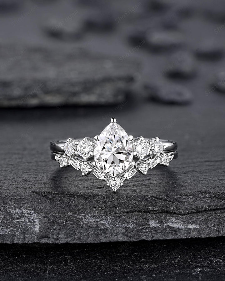 Platinum Pear Shape Moissanite Engagement Ring Unique White Gold Five Stones Wedding Set Nature Inspired Leaf Promise Ring for Women her - ShainJewelry