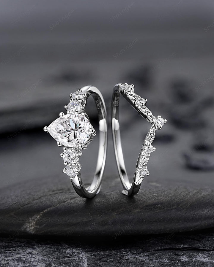 Platinum Pear Shape Moissanite Engagement Ring Unique White Gold Five Stones Wedding Set Nature Inspired Leaf Promise Ring for Women her - ShainJewelry
