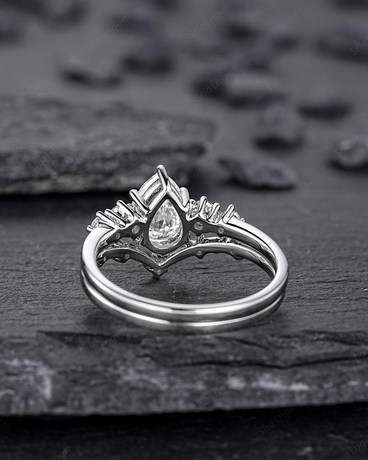 Platinum Pear Shape Moissanite Engagement Ring Unique White Gold Five Stones Wedding Set Nature Inspired Leaf Promise Ring for Women her - ShainJewelry