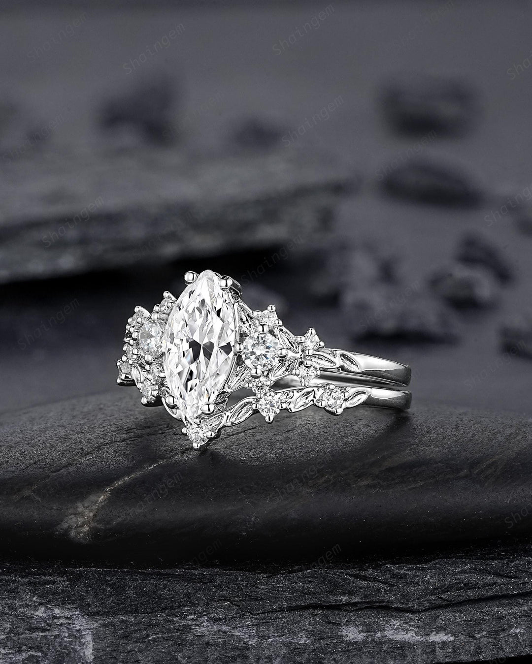 Platinum Marquise Cut Moissanite Engagement Ring Unique White Gold Floral Wedding Set Nature Inspired Leaf Flower Promise Ring for Women her - ShainJewelry