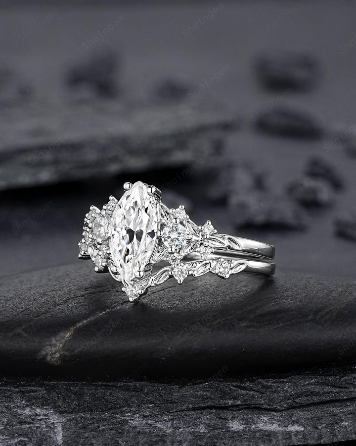 Platinum Marquise Cut Moissanite Engagement Ring Unique White Gold Floral Wedding Set Nature Inspired Leaf Flower Promise Ring for Women her - ShainJewelry