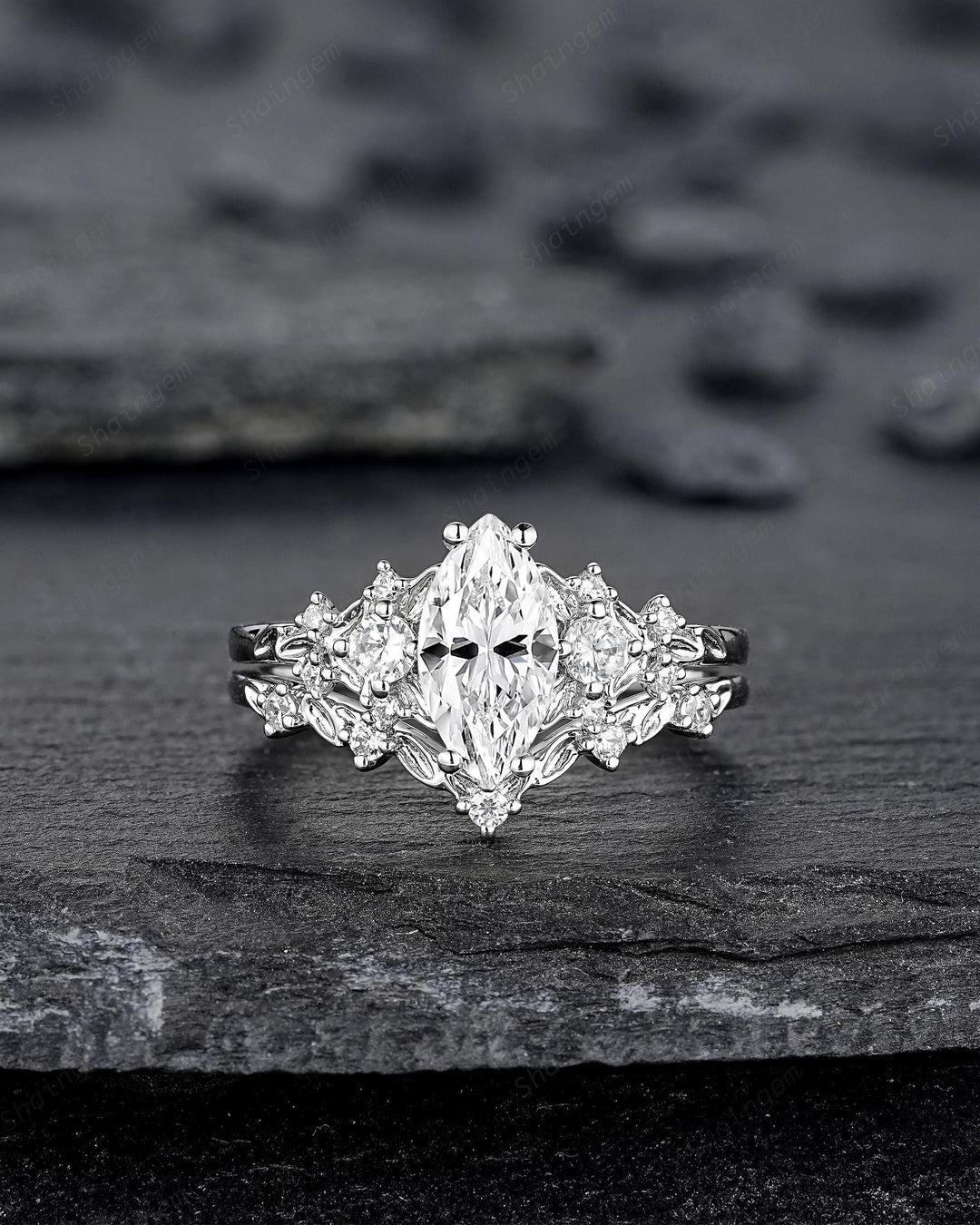 Platinum Marquise Cut Moissanite Engagement Ring Unique White Gold Floral Wedding Set Nature Inspired Leaf Flower Promise Ring for Women her - ShainJewelry