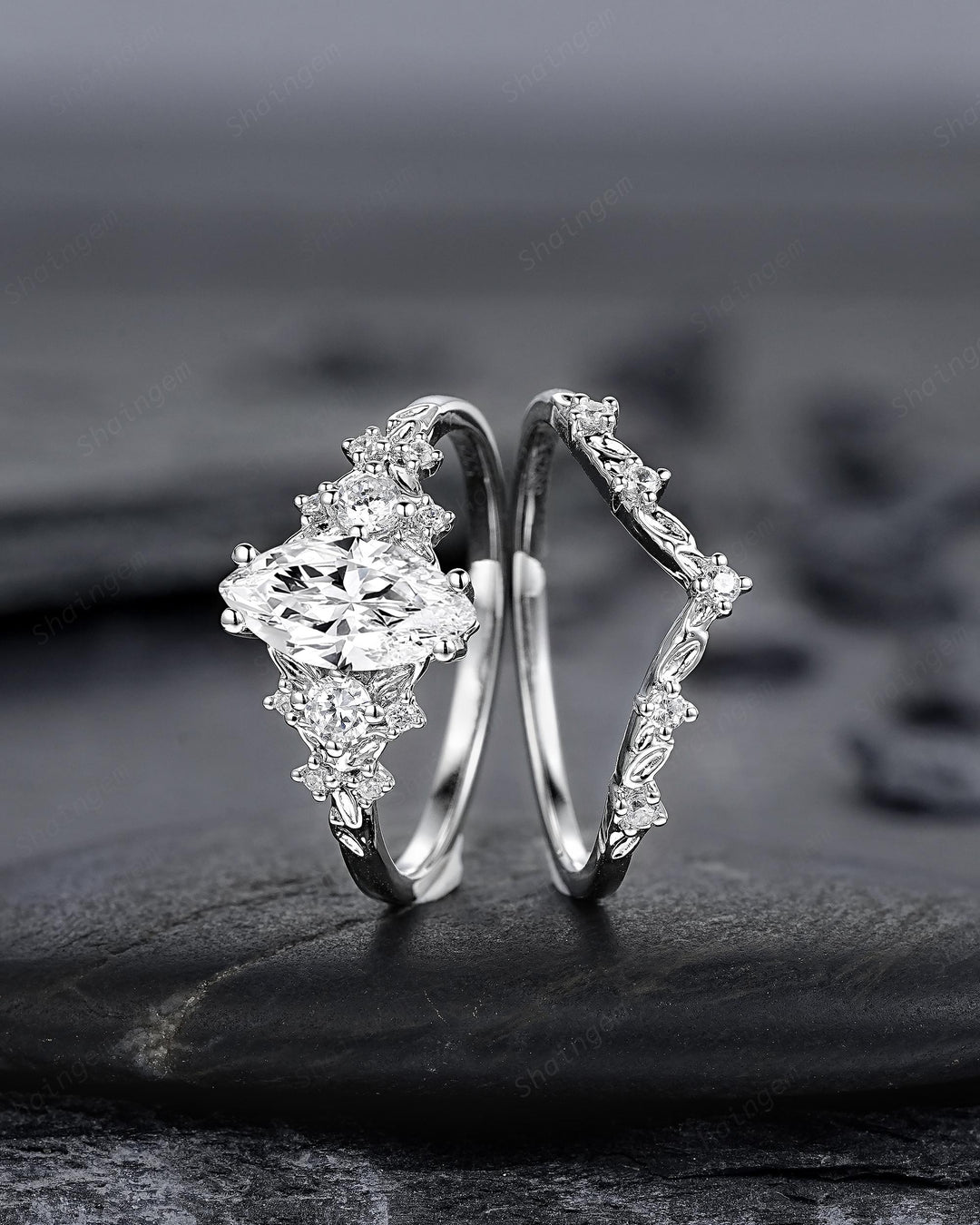 Platinum Marquise Cut Moissanite Engagement Ring Unique White Gold Floral Wedding Set Nature Inspired Leaf Flower Promise Ring for Women her - ShainJewelry
