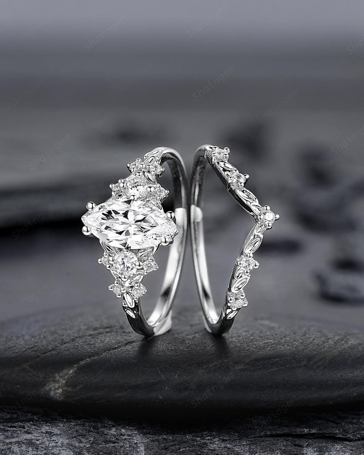 Platinum Marquise Cut Moissanite Engagement Ring Unique White Gold Floral Wedding Set Nature Inspired Leaf Flower Promise Ring for Women her - ShainJewelry