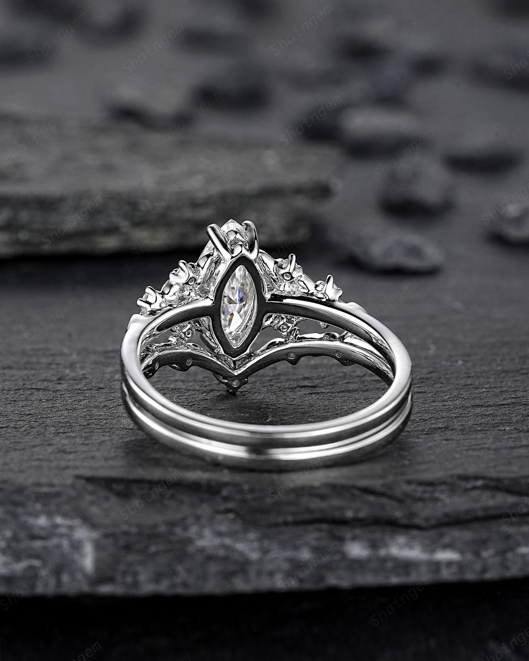 Platinum Marquise Cut Moissanite Engagement Ring Unique White Gold Floral Wedding Set Nature Inspired Leaf Flower Promise Ring for Women her - ShainJewelry