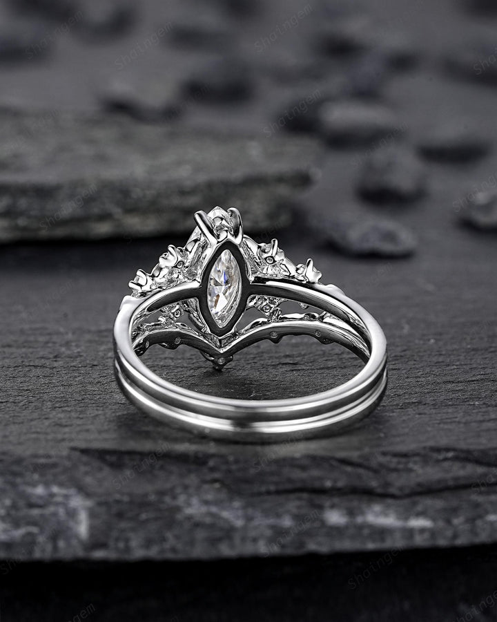 Platinum Marquise Cut Moissanite Engagement Ring Unique White Gold Floral Wedding Set Nature Inspired Leaf Flower Promise Ring for Women her - ShainJewelry