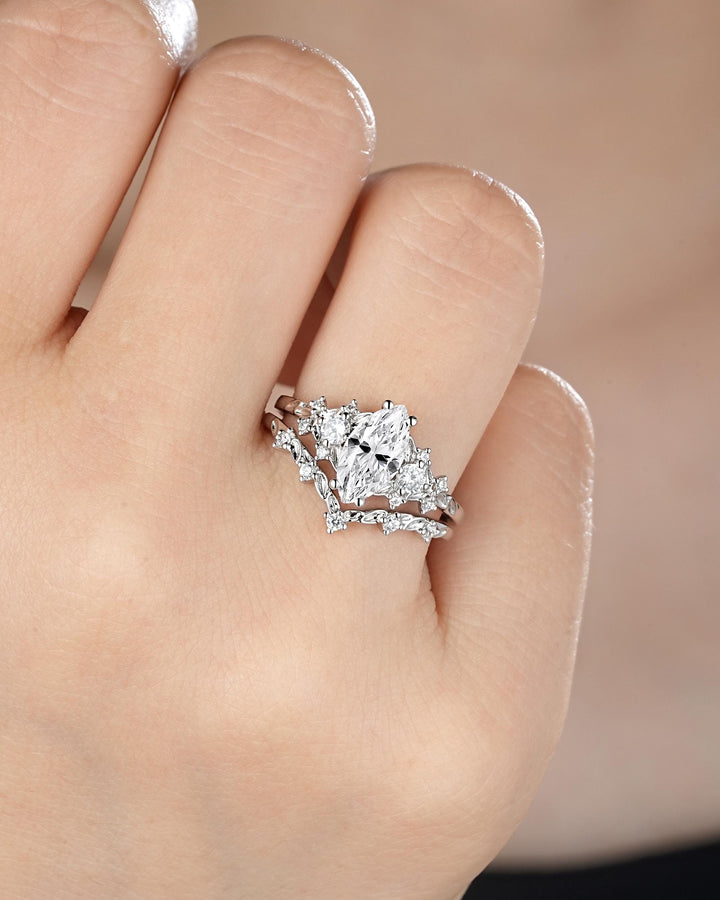 Platinum Marquise Cut Moissanite Engagement Ring Unique White Gold Floral Wedding Set Nature Inspired Leaf Flower Promise Ring for Women her - ShainJewelry