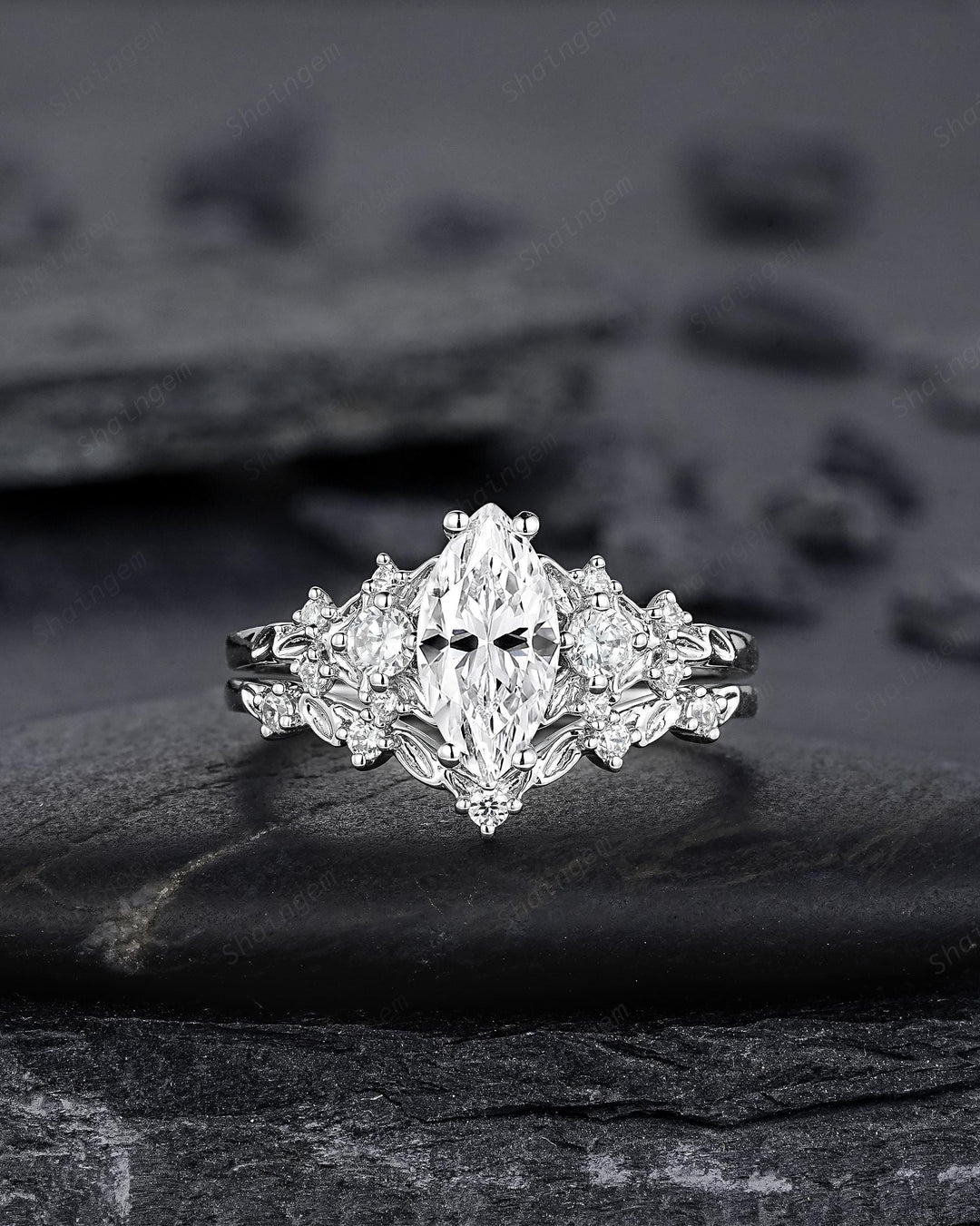 Platinum Marquise Cut Moissanite Engagement Ring Unique White Gold Floral Wedding Set Nature Inspired Leaf Flower Promise Ring for Women her - ShainJewelry