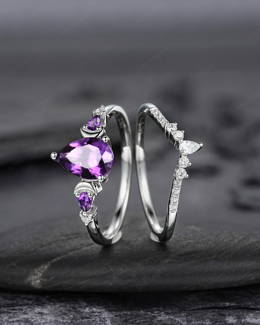 Vintage Pear Shape Purple Amethyst Crescent Engagement Ring Unique White Gold Moon Wedding Ring Silver 925 Bridal Set Promise Ring for Women - ShainJewelry