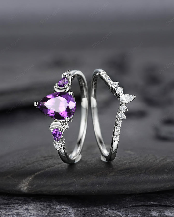 Vintage Pear Shape Purple Amethyst Crescent Engagement Ring Unique White Gold Moon Wedding Ring Silver 925 Bridal Set Promise Ring for Women - ShainJewelry