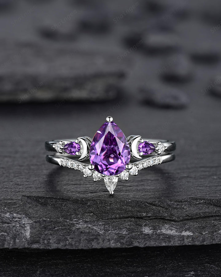 Vintage Pear Shape Purple Amethyst Crescent Engagement Ring Unique White Gold Moon Wedding Ring Silver 925 Bridal Set Promise Ring for Women - ShainJewelry