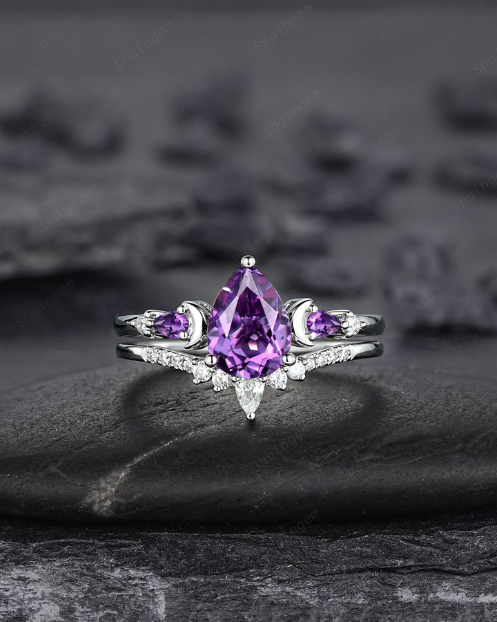 Vintage Pear Shape Purple Amethyst Crescent Engagement Ring Unique White Gold Moon Wedding Ring Silver 925 Bridal Set Promise Ring for Women - ShainJewelry