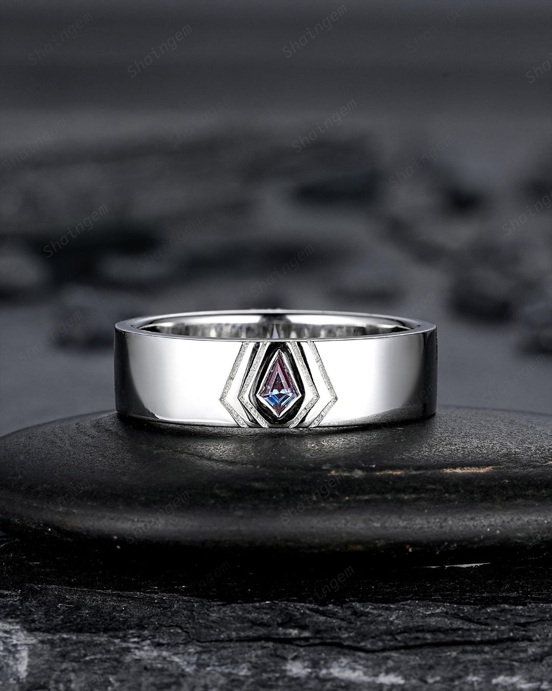His and Hers Kite Cut Alexandrite Couple Ring set, White Gold Matching Band Platinum Engagement Ring Sterling Silver Men's Band Promise Ring - ShainJewelry