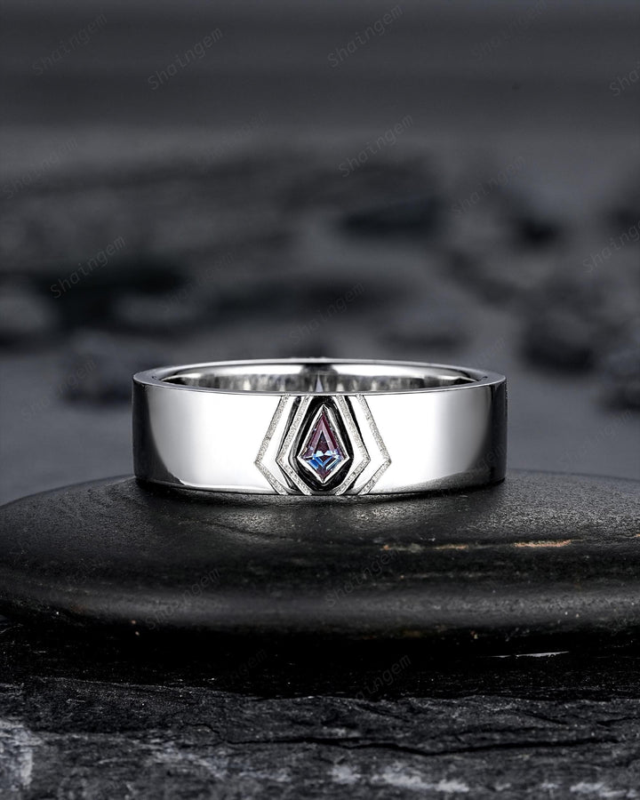 His and Hers Kite Cut Alexandrite Couple Ring set, White Gold Matching Band Platinum Engagement Ring Sterling Silver Men's Band Promise Ring - ShainJewelry