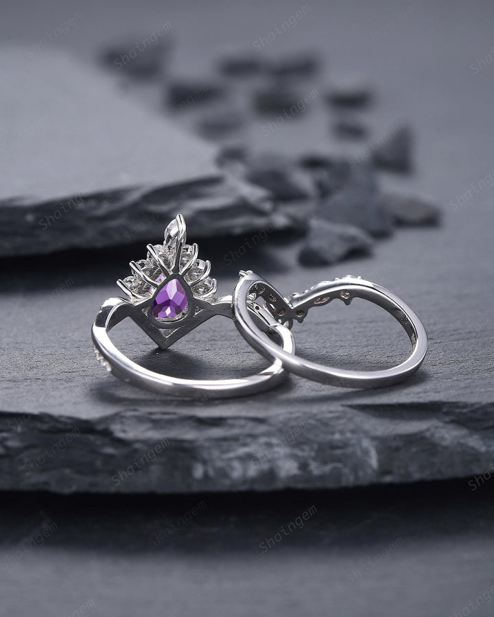 Vintage Pear Shape Purple Sapphire Halo Promise Ring, V Shape White Gold Engagement Ring, Curved Silver Bridal Set Wedding Anniversary Ring - ShainJewelry