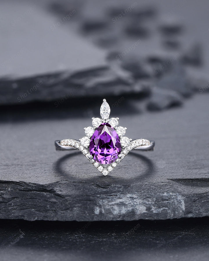 Vintage Pear Shape Purple Sapphire Halo Promise Ring, V Shape White Gold Engagement Ring, Curved Silver Bridal Set Wedding Anniversary Ring - ShainJewelry