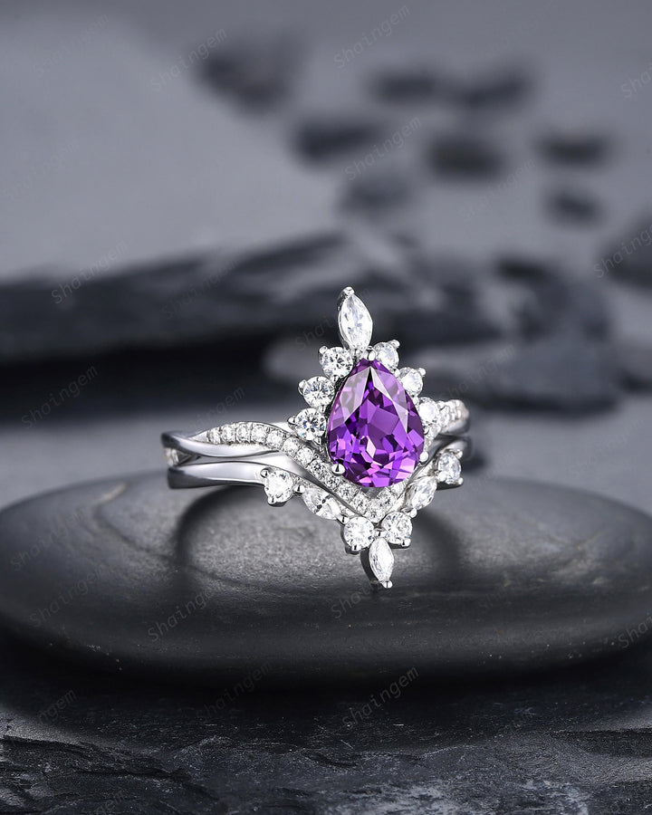 Vintage Pear Shape Purple Sapphire Halo Promise Ring, V Shape White Gold Engagement Ring, Curved Silver Bridal Set Wedding Anniversary Ring - ShainJewelry
