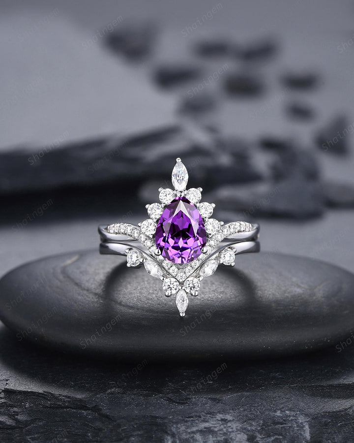 Vintage Pear Shape Purple Sapphire Halo Promise Ring, V Shape White Gold Engagement Ring, Curved Silver Bridal Set Wedding Anniversary Ring - ShainJewelry