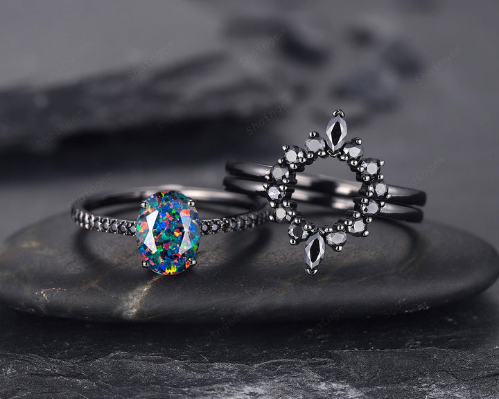 3PCS Gothic Oval Shape Black Fire Opal Halo Engagement Ring Set, Black Gold Promise Ring Vintage Rhodium Black Wedding Ring Gift for Woman - ShainJewelry