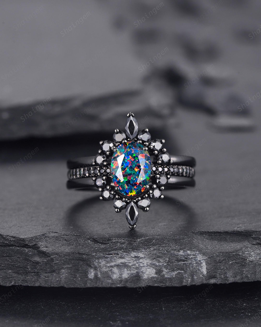 3PCS Gothic Oval Shape Black Fire Opal Halo Engagement Ring Set, Black Gold Promise Ring Vintage Rhodium Black Wedding Ring Gift for Woman - ShainJewelry