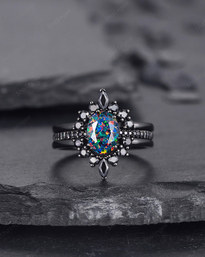 3PCS Gothic Oval Shape Black Fire Opal Halo Engagement Ring Set, Black Gold Promise Ring Vintage Rhodium Black Wedding Ring Gift for Woman - ShainJewelry