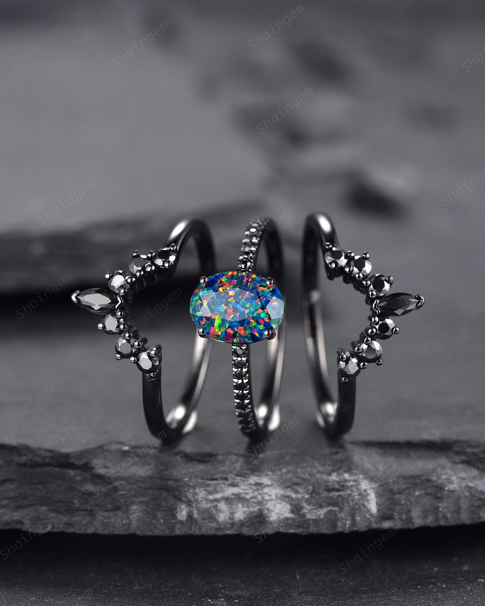 3PCS Gothic Oval Shape Black Fire Opal Halo Engagement Ring Set, Black Gold Promise Ring Vintage Rhodium Black Wedding Ring Gift for Woman - ShainJewelry