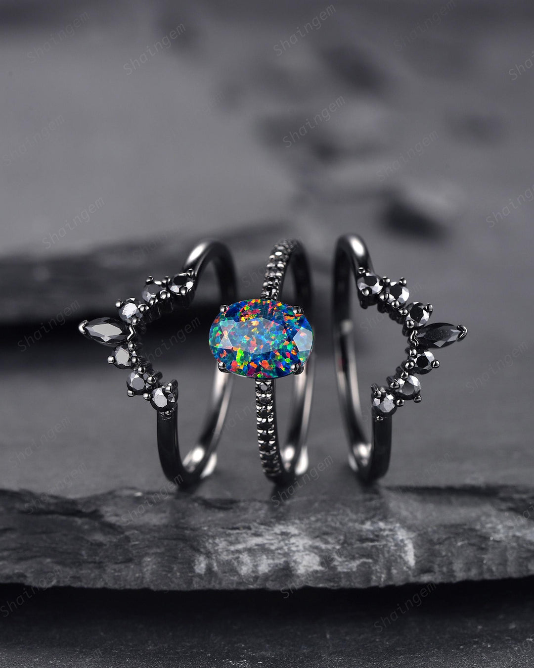 3PCS Gothic Oval Shape Black Fire Opal Halo Engagement Ring Set, Black Gold Promise Ring Vintage Rhodium Black Wedding Ring Gift for Woman - ShainJewelry