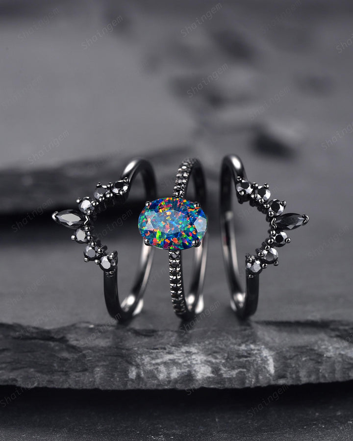 3PCS Gothic Oval Shape Black Fire Opal Halo Engagement Ring Set, Black Gold Promise Ring Vintage Rhodium Black Wedding Ring Gift for Woman - ShainJewelry