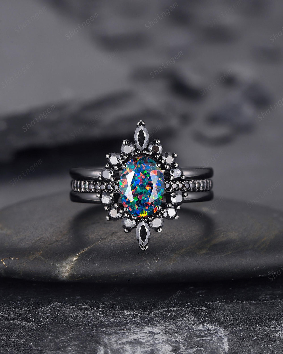 3PCS Gothic Oval Shape Black Fire Opal Halo Engagement Ring Set, Black Gold Promise Ring Vintage Rhodium Black Wedding Ring Gift for Woman - ShainJewelry