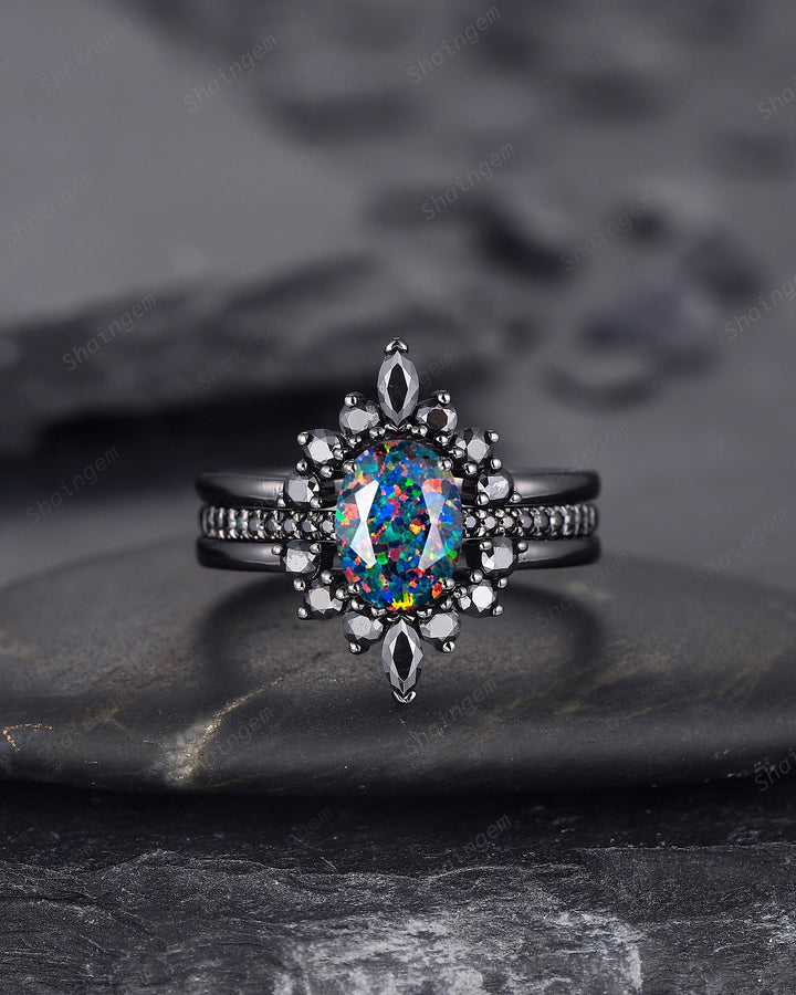 3PCS Gothic Oval Shape Black Fire Opal Halo Engagement Ring Set, Black Gold Promise Ring Vintage Rhodium Black Wedding Ring Gift for Woman - ShainJewelry