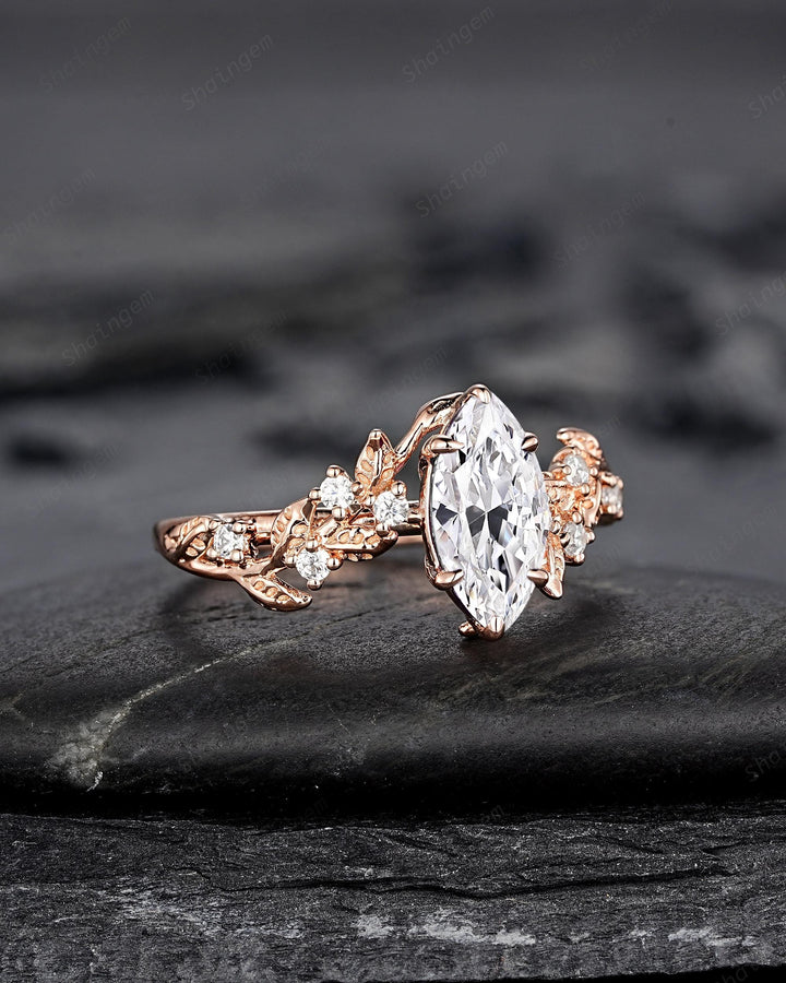 Unique Marquise Moissanite Leaf Engagement Ring Nature Inspired Diamond Wedding Ring Vintage Rose Gold Twig Vine Promise Ring Gift for Women - ShainJewelry