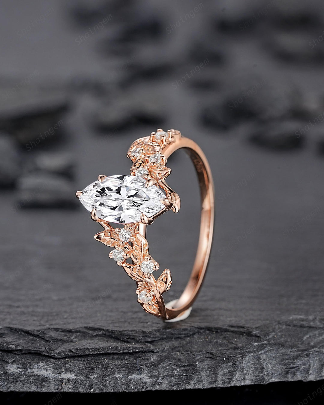 Unique Marquise Moissanite Leaf Engagement Ring Nature Inspired Diamond Wedding Ring Vintage Rose Gold Twig Vine Promise Ring Gift for Women - ShainJewelry