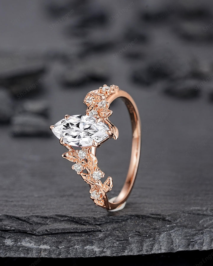 Unique Marquise Moissanite Leaf Engagement Ring Nature Inspired Diamond Wedding Ring Vintage Rose Gold Twig Vine Promise Ring Gift for Women - ShainJewelry