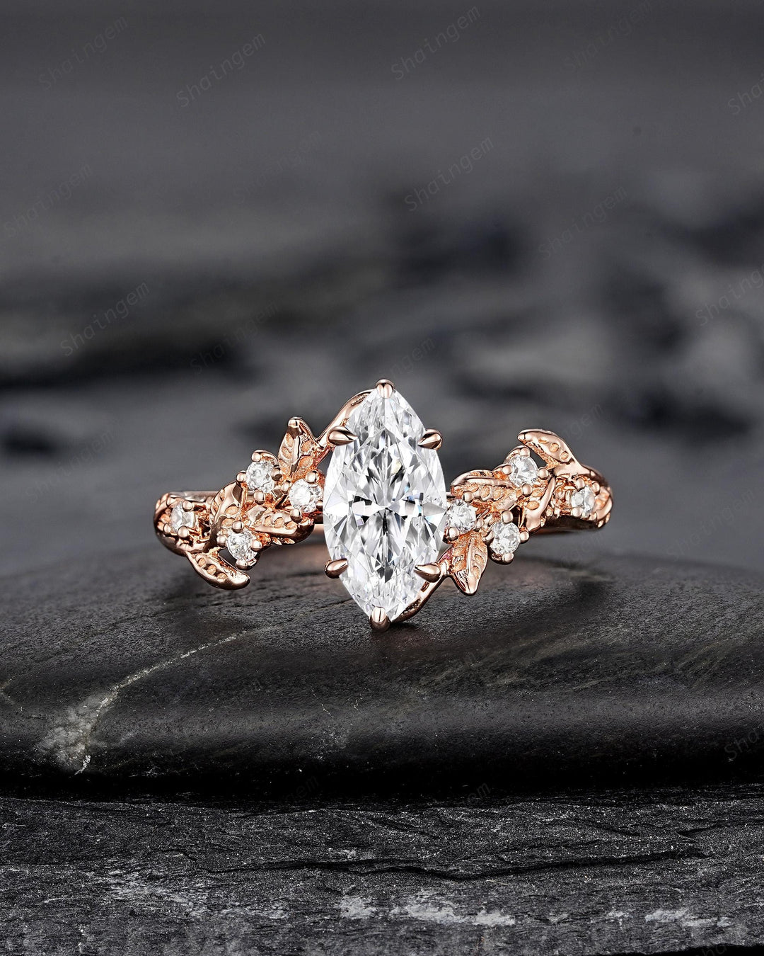 Unique Marquise Moissanite Leaf Engagement Ring Nature Inspired Diamond Wedding Ring Vintage Rose Gold Twig Vine Promise Ring Gift for Women - ShainJewelry