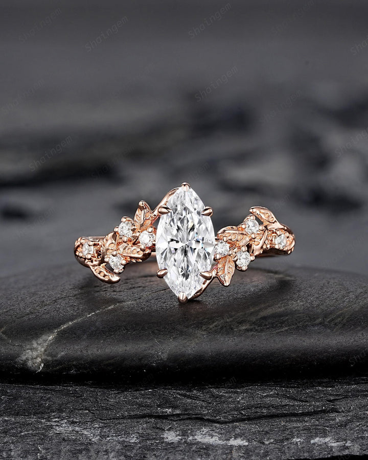 Unique Marquise Moissanite Leaf Engagement Ring Nature Inspired Diamond Wedding Ring Vintage Rose Gold Twig Vine Promise Ring Gift for Women - ShainJewelry