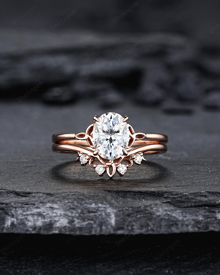 Unique Celtic Knot Oval Shape Colorless Moissanite Solitaire Engagement Ring Set, Vintage Rose Gold Wedding Promise Ring Gift for Woman - ShainJewelry