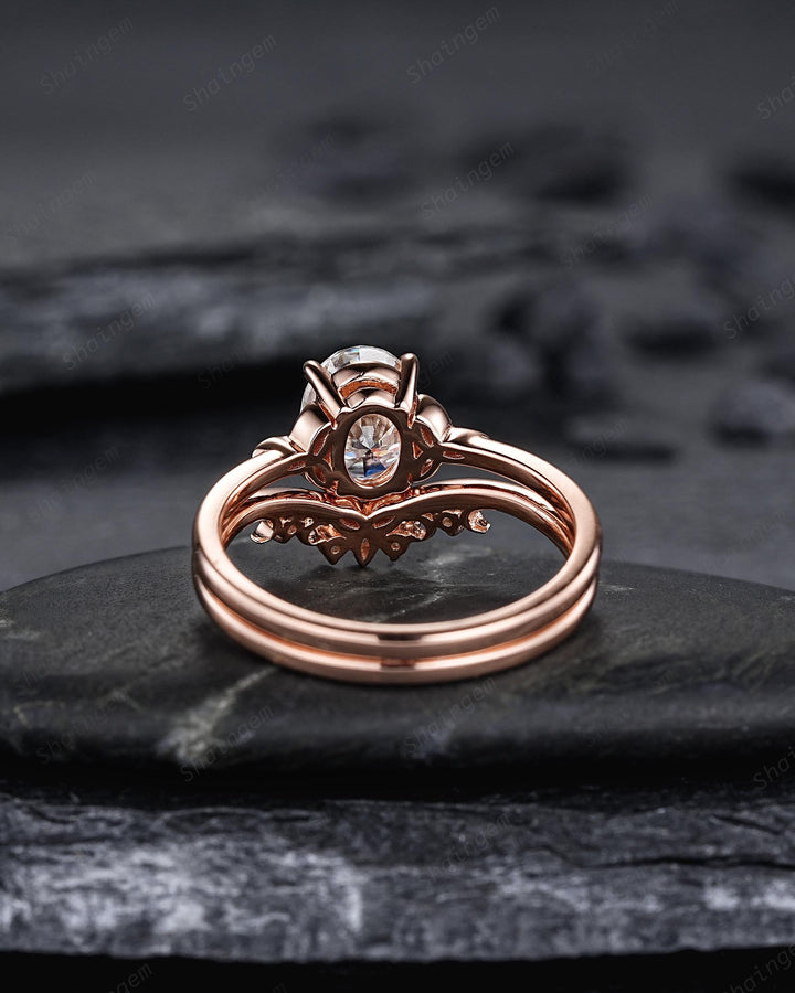 Unique Celtic Knot Oval Shape Colorless Moissanite Solitaire Engagement Ring Set, Vintage Rose Gold Wedding Promise Ring Gift for Woman - ShainJewelry