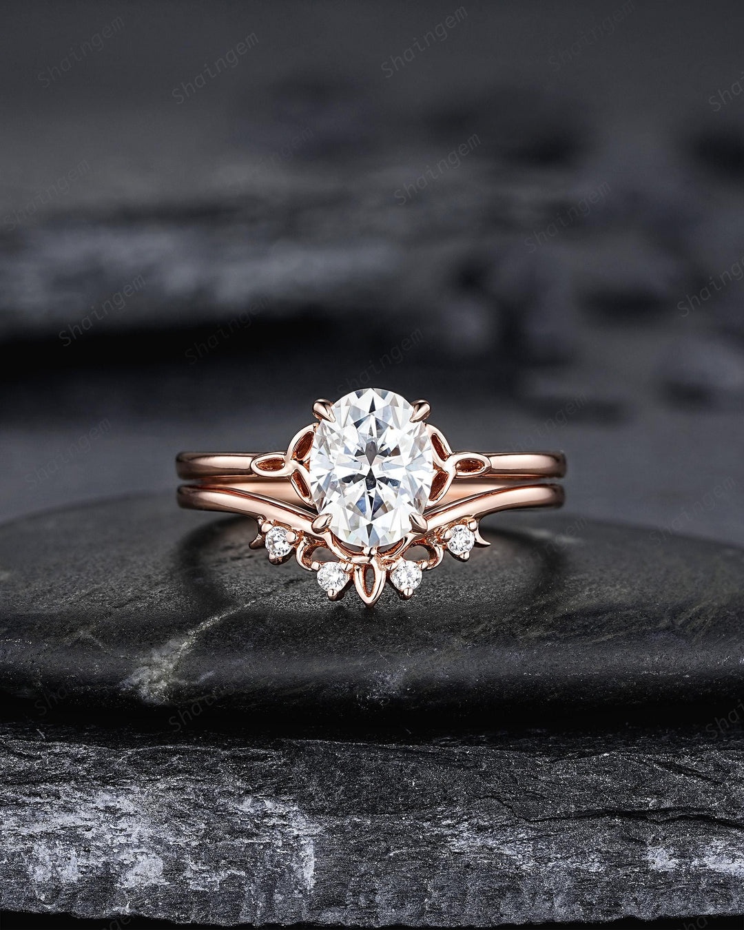 Unique Celtic Knot Oval Shape Colorless Moissanite Solitaire Engagement Ring Set, Vintage Rose Gold Wedding Promise Ring Gift for Woman - ShainJewelry