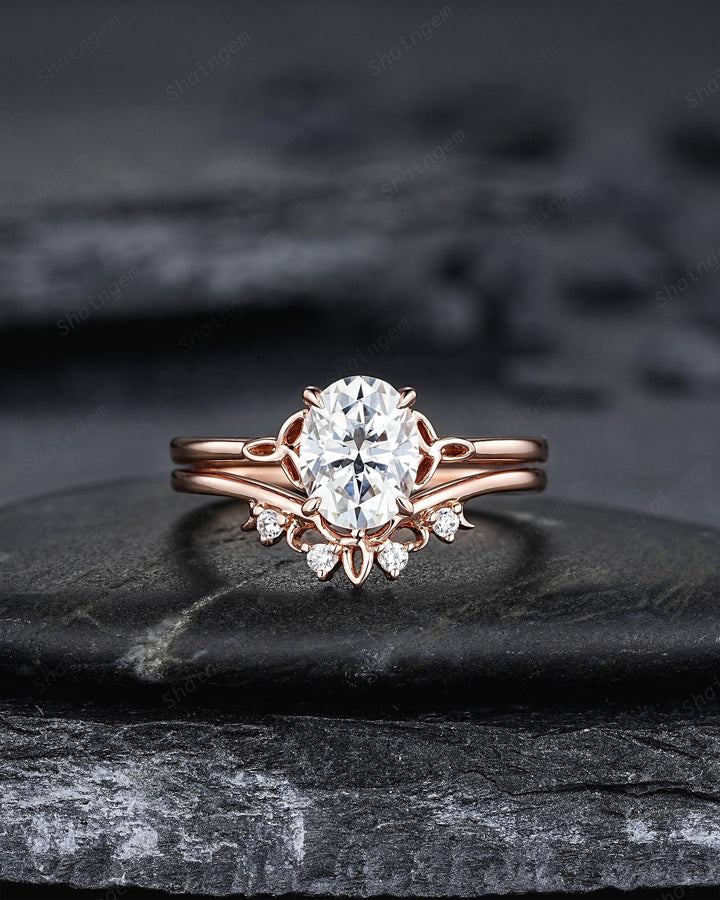 Unique Celtic Knot Oval Shape Colorless Moissanite Solitaire Engagement Ring Set, Vintage Rose Gold Wedding Promise Ring Gift for Woman - ShainJewelry