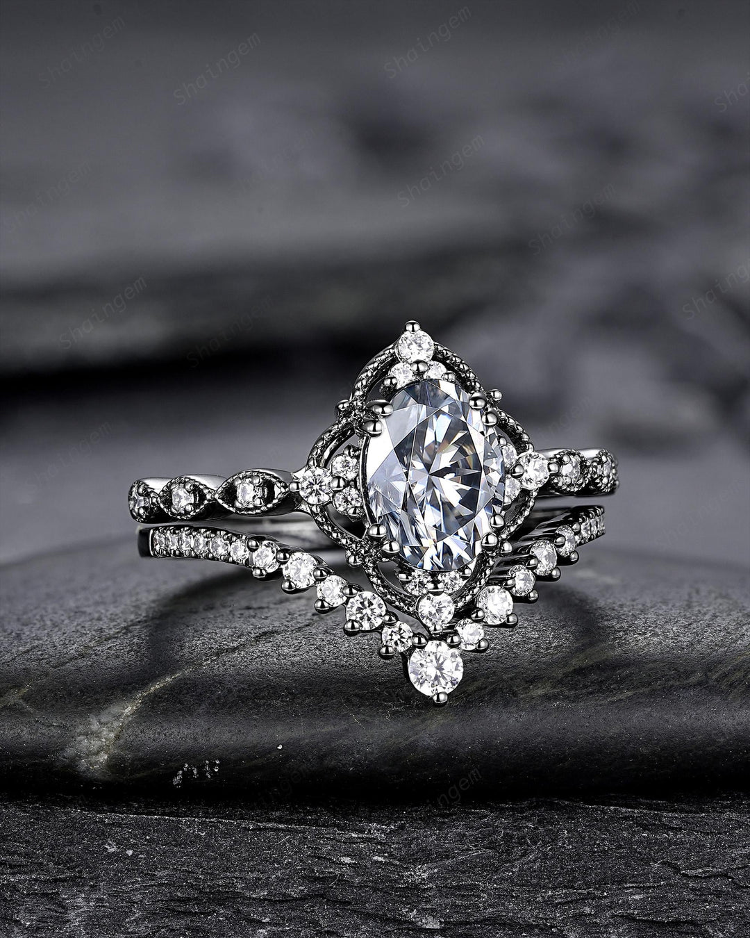 Unique Black Gold Oval Shape Gray Moissanite Engagement Ring, Witchy Black Rhodium Floral Promise Ring Gothic Wedding Ring Gift for Women - ShainJewelry
