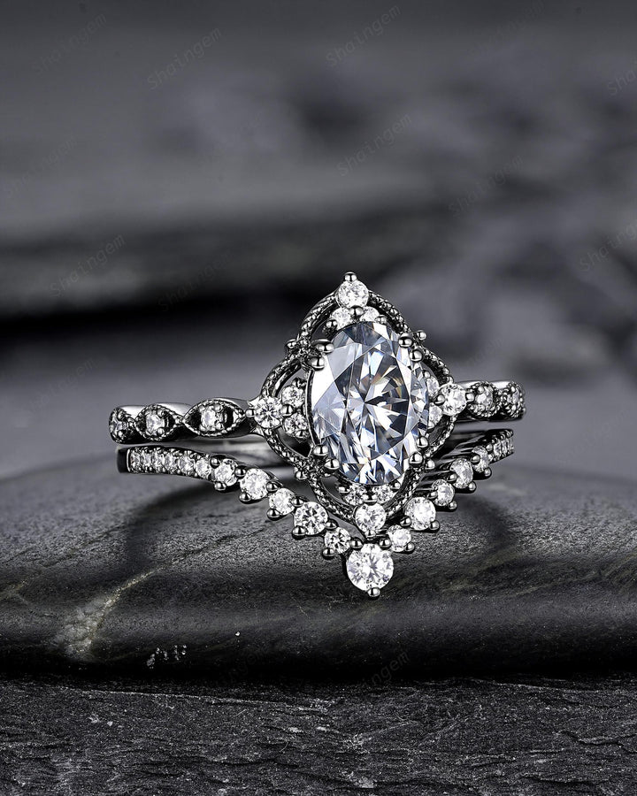 Unique Black Gold Oval Shape Gray Moissanite Engagement Ring, Witchy Black Rhodium Floral Promise Ring Gothic Wedding Ring Gift for Women - ShainJewelry
