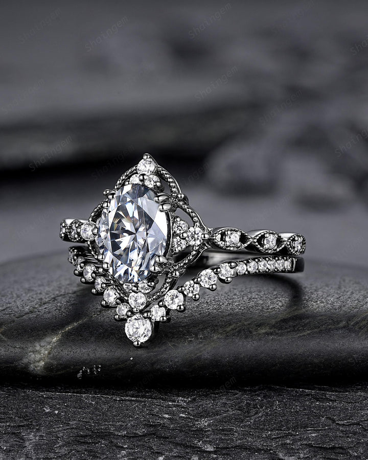 Unique Black Gold Oval Shape Gray Moissanite Engagement Ring, Witchy Black Rhodium Floral Promise Ring Gothic Wedding Ring Gift for Women - ShainJewelry