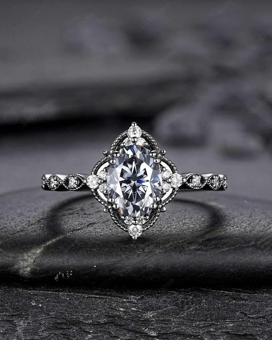 Unique Black Gold Oval Shape Gray Moissanite Engagement Ring, Witchy Black Rhodium Floral Promise Ring Gothic Wedding Ring Gift for Women - ShainJewelry