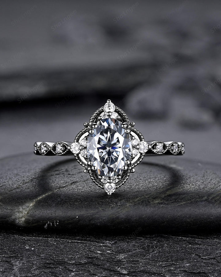 Unique Black Gold Oval Shape Gray Moissanite Engagement Ring, Witchy Black Rhodium Floral Promise Ring Gothic Wedding Ring Gift for Women - ShainJewelry