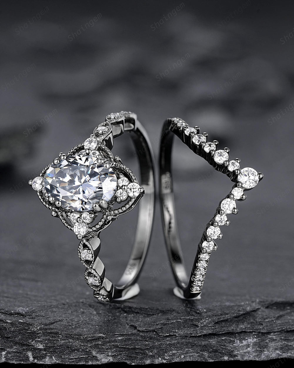 Unique Black Gold Oval Shape Gray Moissanite Engagement Ring, Witchy Black Rhodium Floral Promise Ring Gothic Wedding Ring Gift for Women - ShainJewelry
