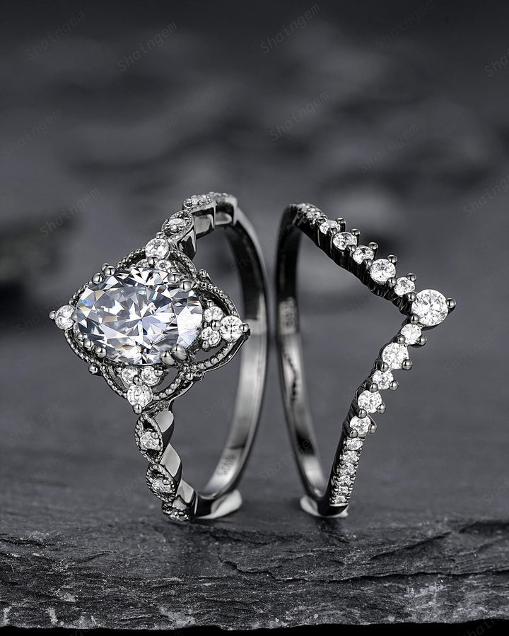 Unique Black Gold Oval Shape Gray Moissanite Engagement Ring, Witchy Black Rhodium Floral Promise Ring Gothic Wedding Ring Gift for Women - ShainJewelry