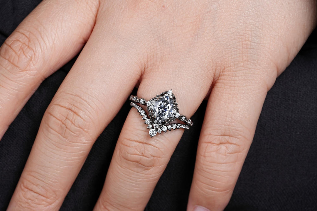 Unique Black Gold Oval Shape Gray Moissanite Engagement Ring, Witchy Black Rhodium Floral Promise Ring Gothic Wedding Ring Gift for Women - ShainJewelry