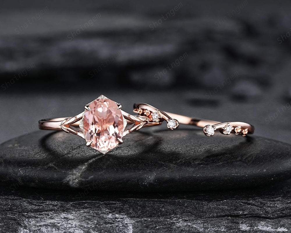 Unique Split Shank Oval Shape Natural Peach Pink Morganite Engagement Ring Nature Inspired Milgrain Leaf Vine Rose Gold Wedding Promise Ring - ShainJewelry