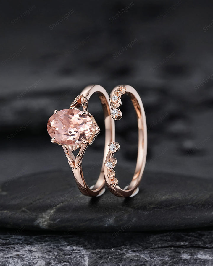 Unique Split Shank Oval Shape Natural Peach Pink Morganite Engagement Ring Nature Inspired Milgrain Leaf Vine Rose Gold Wedding Promise Ring - ShainJewelry